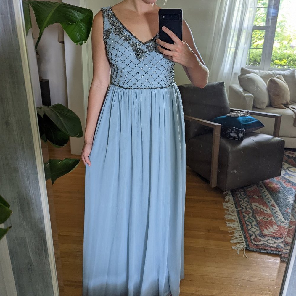 Dusty Blue Adrianna Papell Beaded Bridesmaid Dress